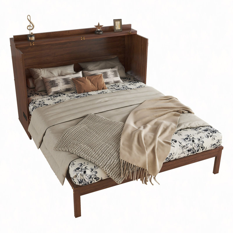 Lit escamotable, armoire-lit en bois de pin avec centrale électrique et panneau de décoration en rotin