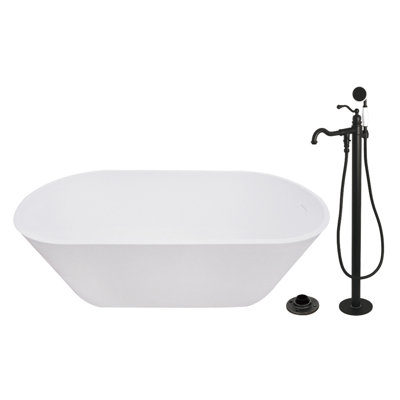 Kingston Arcticstone 67-Inch Solid Surface Oval Double Ended Freestanding Tub With Faucet Combo And Drain