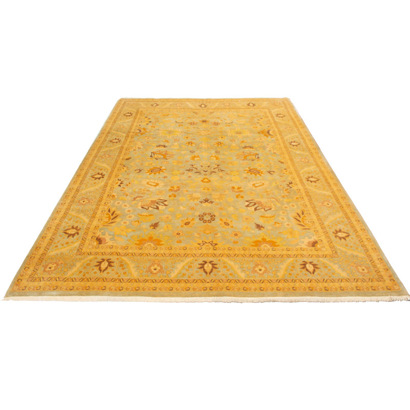 Tapis décoratif en laine bleu clair/jaune noué à la main New Age 9 pi 11 po x 13 pi 9 po desra