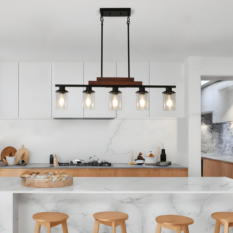 Dining Room Light Fixture Over Table Above Farmhouse Kitchen Island Lighting, Rustic Rectangular Linear Chandelier Pendant 5-light Ceiling Hanging With Shade For Bar Restaurant