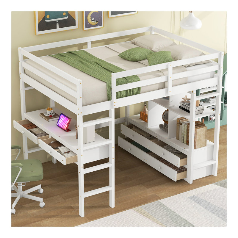 Lit mezzanine double avec bureau intégré avec deux tiroirs et tablettes et tiroirs de rangement, blanc