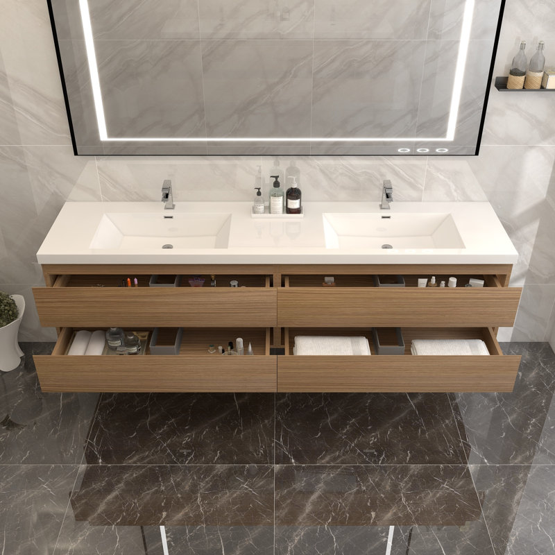 Dameion 84'' Double Bathroom Vanity with Acrylic Top, Rose Wood