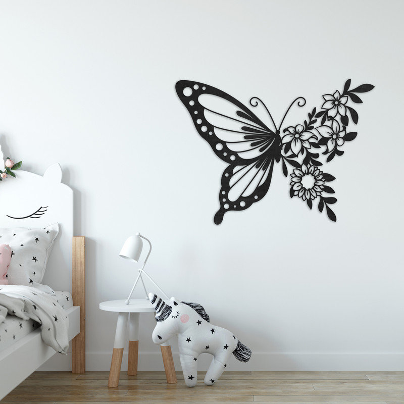 Art mural en forme de papillon avec fleurs - ACM, Noir, H 23,5 po x l 32 po x P 0,25 po