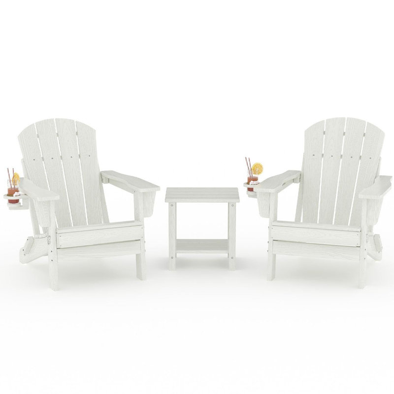 All-Weather HDPE Folding Adirondack Chairs with Side Table - Wooden Grain Texture & Cup Holders, Collapsible, Outdoor Patio Seating for Deck, Garden, Fire Pit (White 2 Chairs + 1 Side Table)