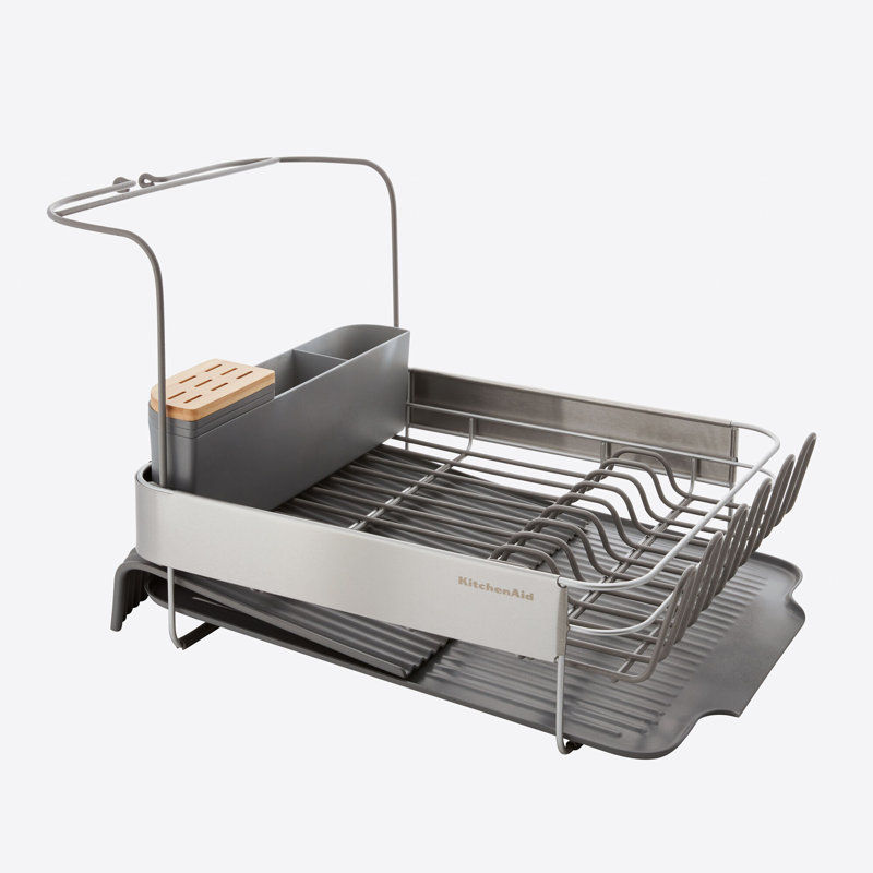 Gray Metal Expandable Dish Rack with Utensil Cup