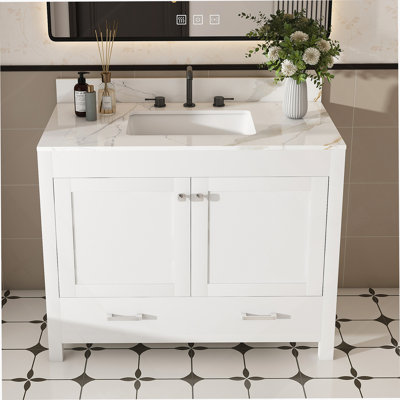 Ensemble de meuble-lavabo moderne de 43 po avec ensemble de couleurs Karalakin en marbre artificiel, armoire de salle de bain multifonctionnelle avec portes et tiroir, cadre solide et panneau de fibres à densité moyenne (trois trous de robinet)
