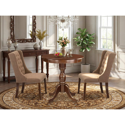L'ensemble de table de salle à manger 3 pièces comprend une table de salle à manger ronde avec piédestal et 2 chaises rembourrées en tissu de lin sable, 30 x 30 pouces, acajou