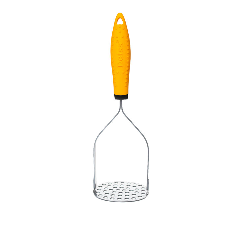 Deiss Pro Heavy Duty Stainless Steel Potato Masher with Non-Slip Rubber Handle, Orange/Silver