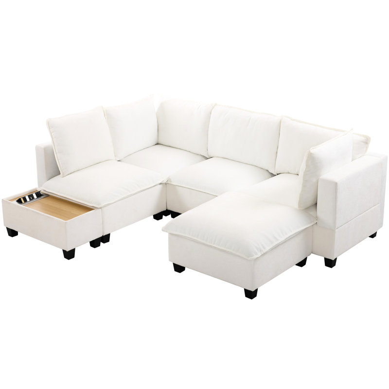 U-shaped Modular With Movable & Functional Coffee Table, White - Hidden Charging Component, Comfortable Padding Space, Material Assurance 90" Sectional And Multi-purpose Concealed Interface, Padded