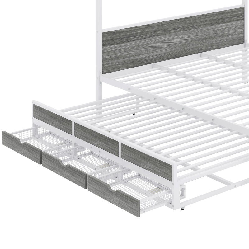 Emenie Queen Size Metal Canopy Platform Bed with Twin Size Trundle and 3 Drawers, White