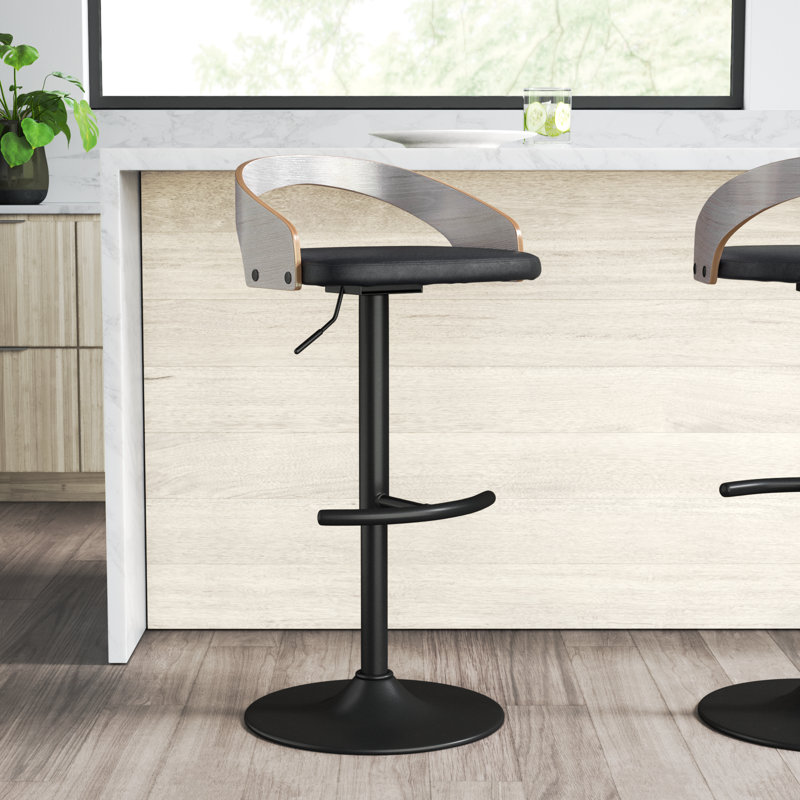 Tabouret de bar réglable Laurenzio avec repose-pieds arrondi en T, Noir, Tissu vert clair / bois naturel