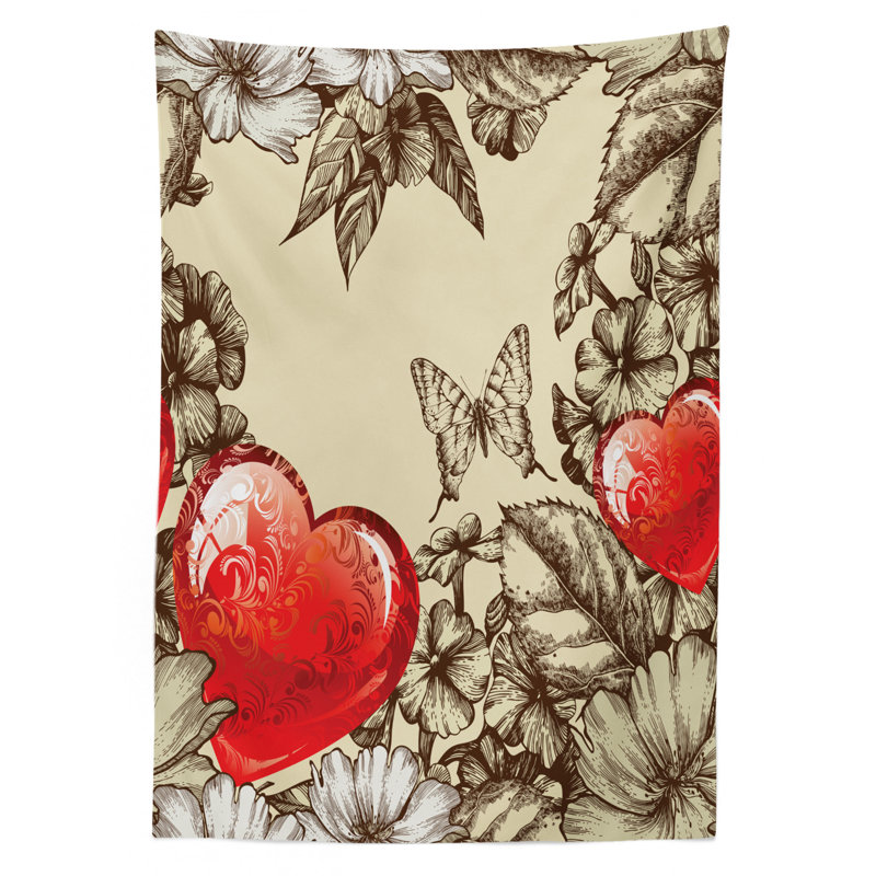 Ambesonne Love Tablecloth, Pattern Valentine's Day With Flowers And Butterfly Holiday Love Antiquity Vintage, Rectangular Table Cover For Dining Room Kitchen Decor, 52" X 70", Beige Brown Red