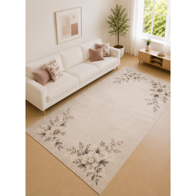 Tapis d'angle fleuri beige et taupe neutre, ultra léger, 201 x 300 cm, idéal pour le salon, la chambre à coucher et le bureau. Moquette douce à poils courts avec envers antidérapant en silicone.