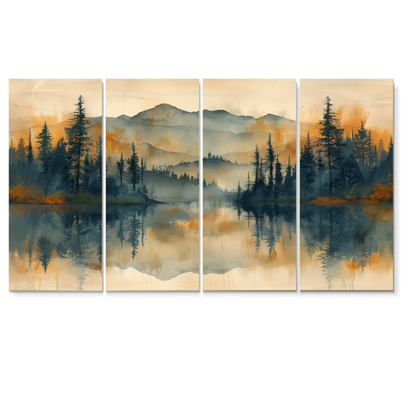 Vert et jaune lever de soleil brouillard dans la forêt II - ensemble de décoration murale forêt, H 28 po x l 48 po