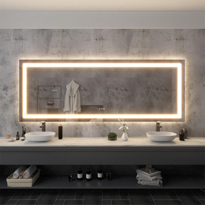 LED Frameless Light Bathroom Vanity Wall Mirror with Backlit & Frontlit Anti-Fog 3 Colors Dimmable