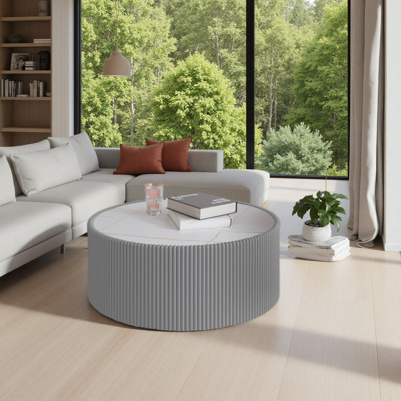 Table basse moderne en cuir fritté avec dessus en pierre, Blanc, Gris
