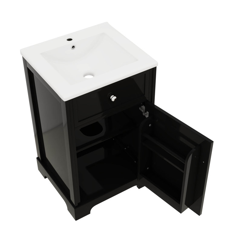 Meuble-lavabo de 20 pouces avec comptoir en céramique à deux niveaux et tablettes réglables, Noir