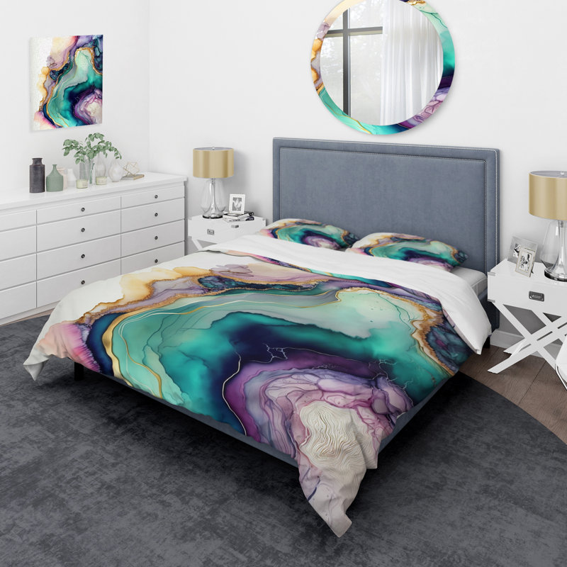 Ensemble de housse de couette en marbre vert et mauve abstrait Geode, Housse de couette pour grand lit et 2 taies décor