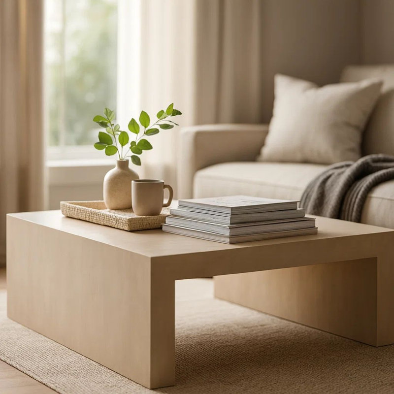 Somy Modern Coffee Table, 40 Inch Square Top, Wide Panel Legs, Natural Grey