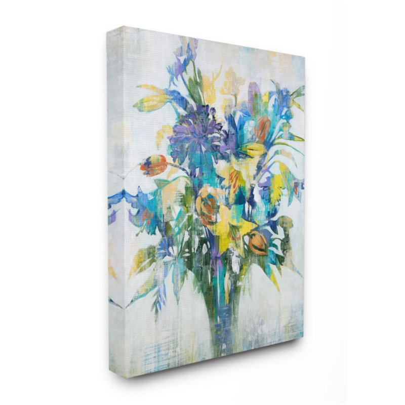Bouquet de printemps délavé bleu jaune vert - impression d'art graphique, Giclée encadrée noir minuit, 20" H x 16" W x 1.5" D