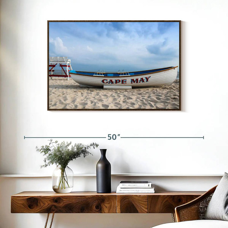 Bateau au cap May, 37 po x 25 po, Cadre flottant en noyer