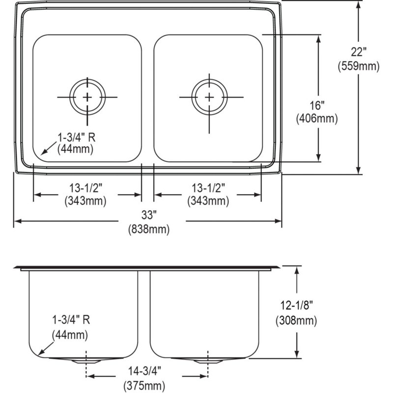 Gourmet 33" L x 22" W x 12.13" Top Mount Kitchen Sink, No Hole