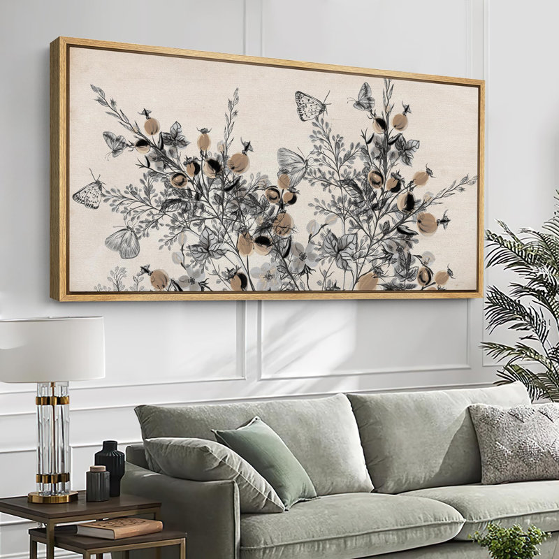 Carnet de croquis de la nature botanique et papillon, reproduction sur toile, H 30 po x l 60 po, Naturel