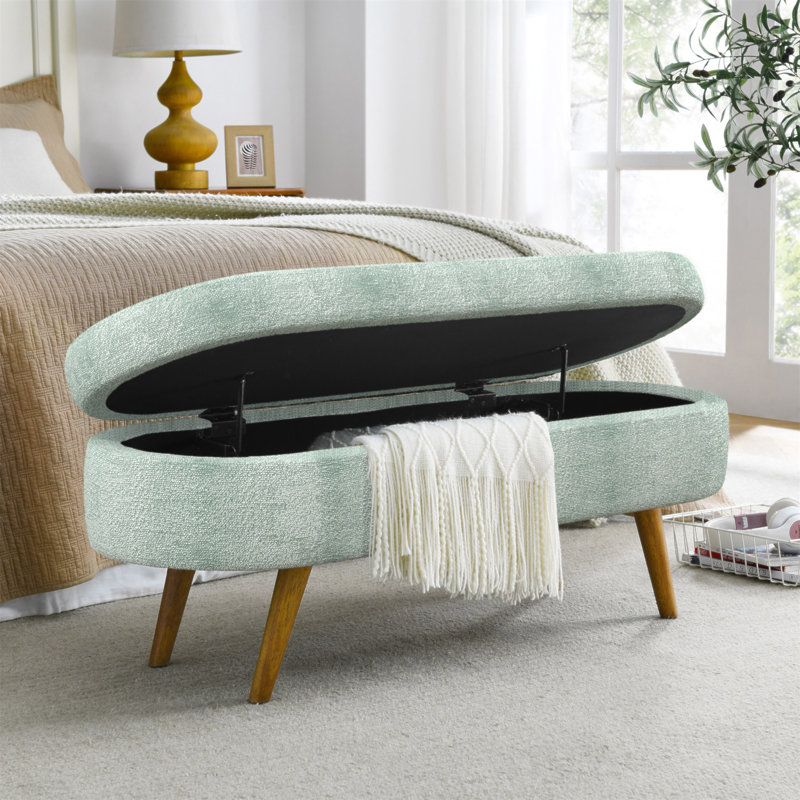 Banc de rangement ovale, pieds en bois d'hévéa, 43,5 po x 16 po x 16 po, cyan, fabriqué à la main, repose-pieds ou siège, cadre, option cyan fabriqué, utilisation, caractéristique