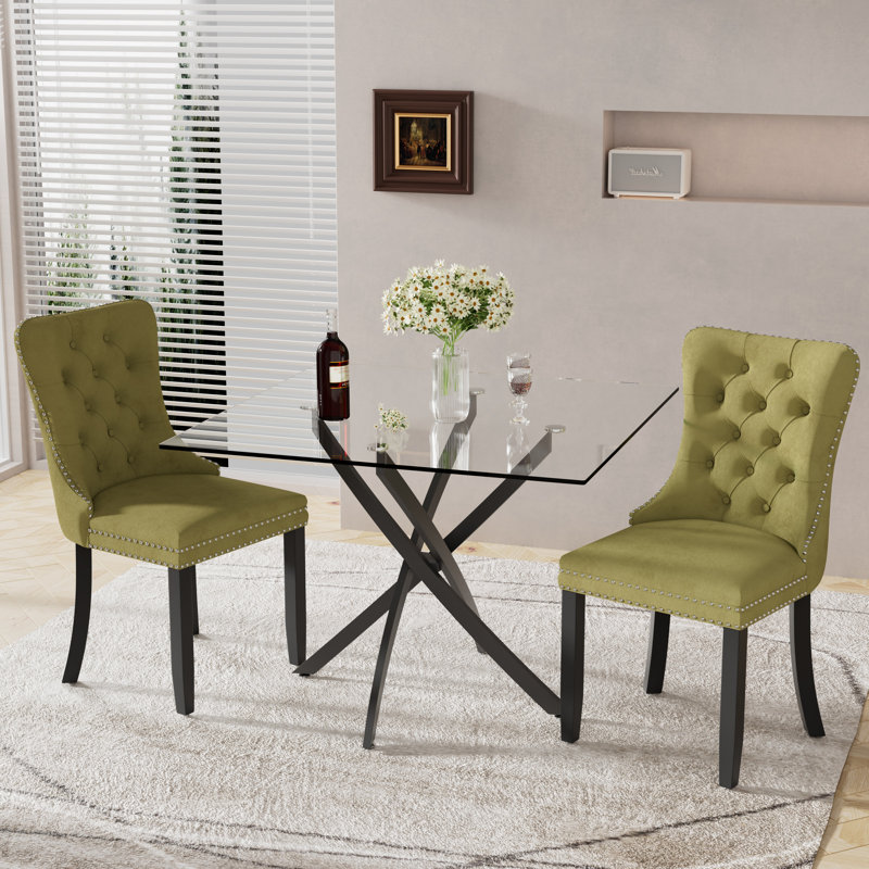 Ensemble de salle à manger à piédestal carré avec chaise capitonnée, 3, Vert olive