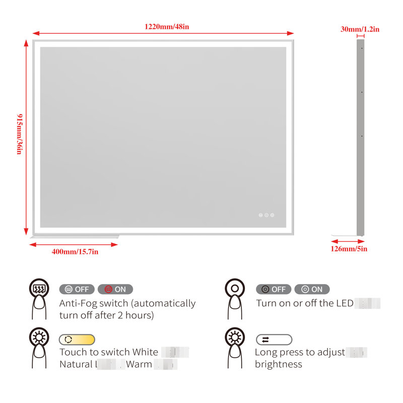 Grand miroir de salle de bain de 48 po x 36 po à fixation murale à DEL, fonction de brouillard imperméable, interrupteur tactile avec lumières réglables