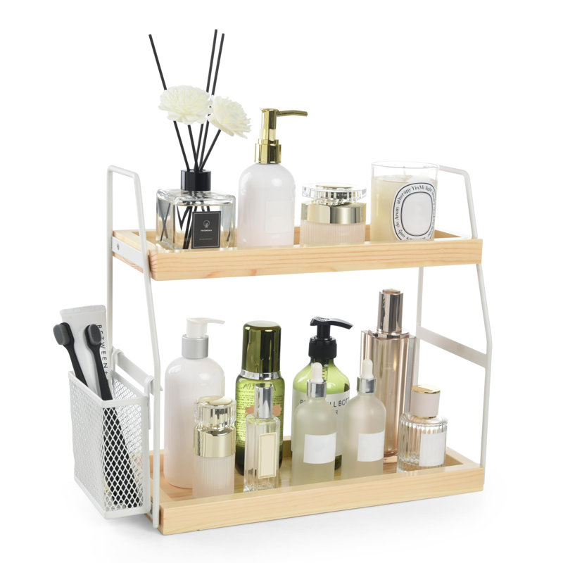 Organisateur de comptoir de salle de bain, étagère de rangement sur pied à 2 niveaux avec panier, plateau en bois pour organisateur de meuble-lavabo
