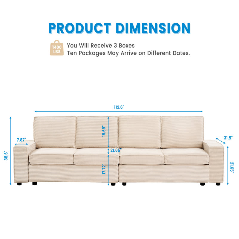 Canapé modulaire 4 places, canapé convertible profond avec accoudoirs larges