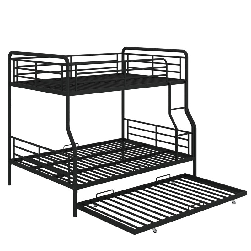 Full XL Over Queen Metal Bunk Bed With Trundle, Noir