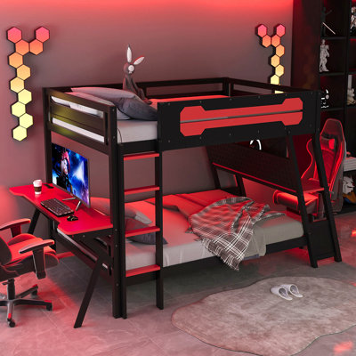 Lit superposé double avec deux bureaux de jeu intégrés, ports de bureau USB et organisateur de panneau perforé, cadre de lit de jeu pour joueur