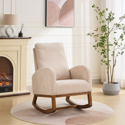 Chaise berçante de 27,2 po de largeur pour chambre de bébé, fauteuil coulissant en polyester avec dossier haut et poche latérale, fauteuil berçant d'appoint avec pieds en bois d'hévéa pour le salon / la chambre à coucher.
