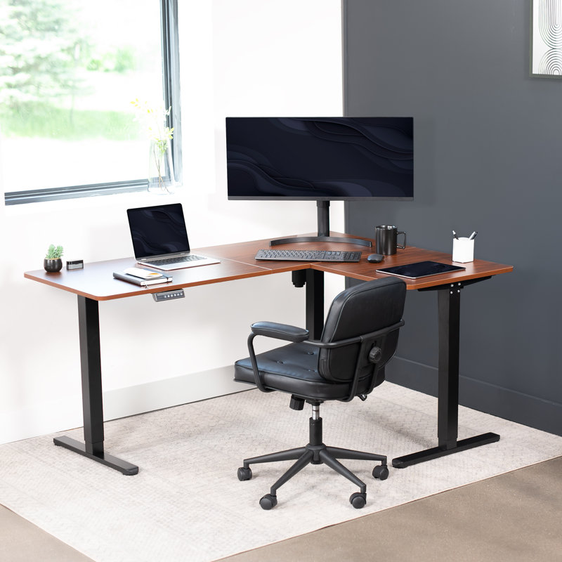 VIVO Electric Corner Standing Desk, Dark Walnut/Black