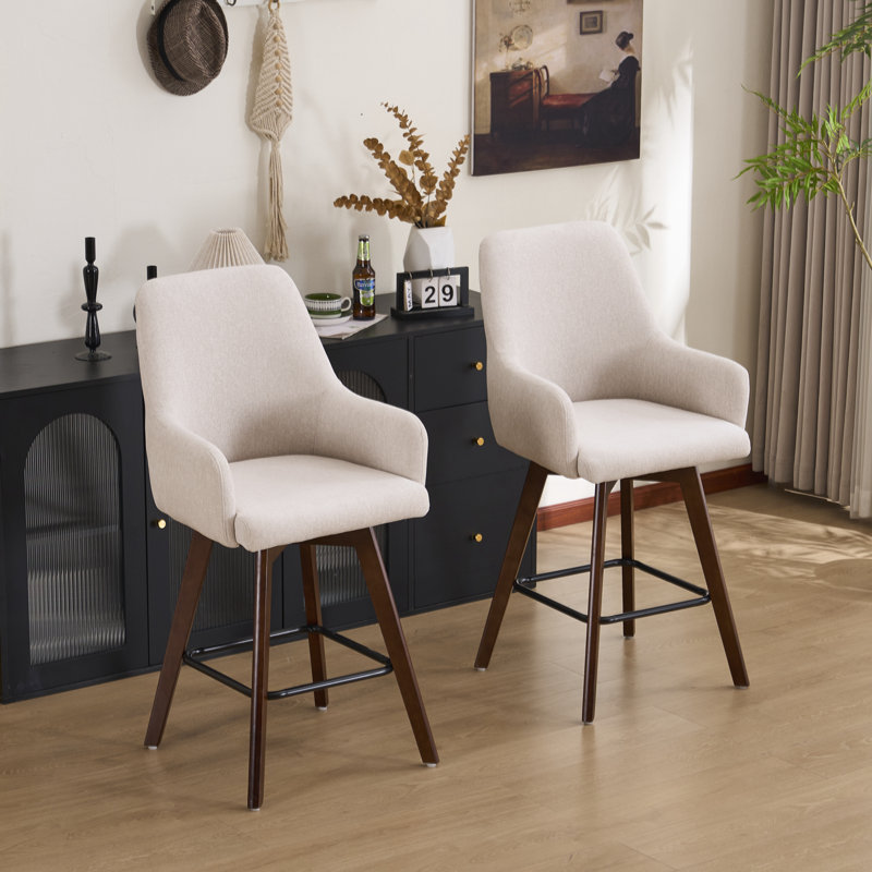 Tabouret de bar et de comptoir pivotant rembourré en bois massif, Chenille beige, 2