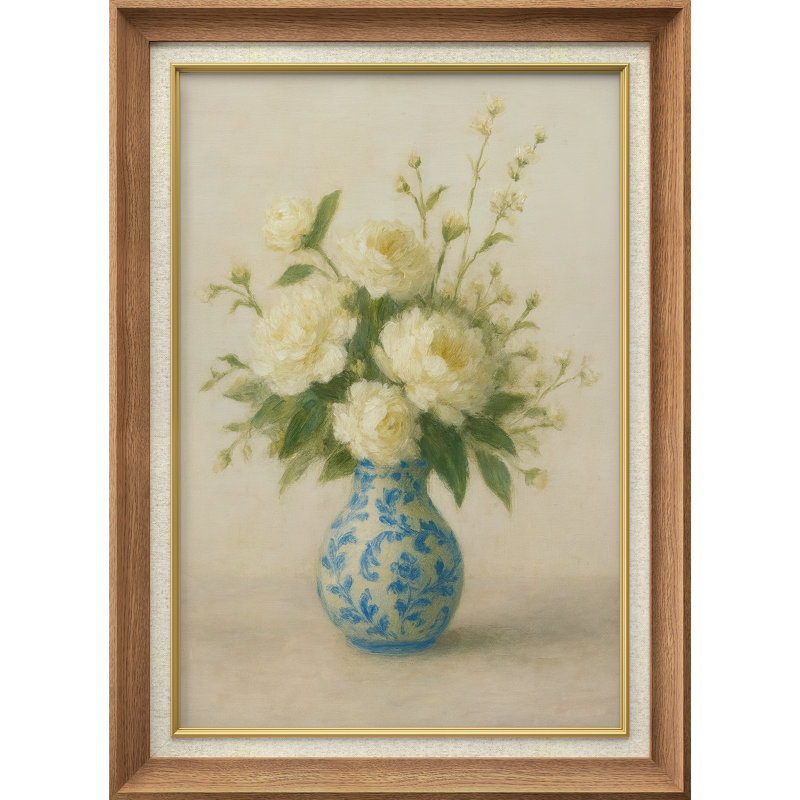 «Cream Rose Arrangement in Blue Porcelain Vase Still Life», reproduction d'art sur toile encadrée