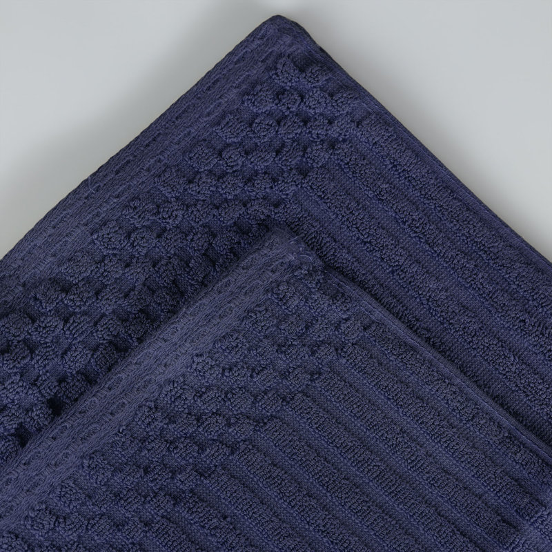 Yaholo Cotton Highly Absorbent Solid and Checkered Border Bath Sheet Set, Navy Blue