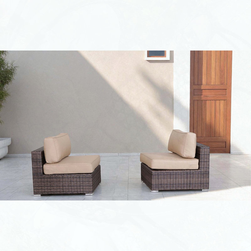 Fully Assembled Armless Outdoor Chairs with Sunbrella Cushions - Set of 2, Beige Cushion/Brown Frame