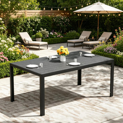 Outdoor Dining Table, 59" Rectangle Patio Dining Table With Wood-Like Hdpe Slat Top, Metal Outdoor Dining Table For Outside Indoor, Lawn, Garden, And Backyard