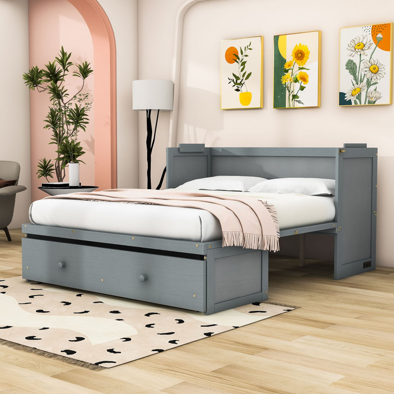Lit escamotable double en bois avec conception peu encombrante, Gris, Grand lit