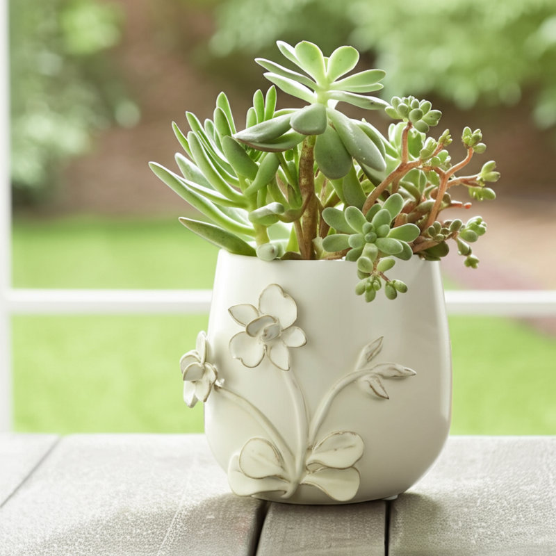 Decorative Ceramic Flower Planter for Patio, Living Room, and Office Decor - Cute Indoor and Outdoor Flower Pots for Home Decor, Ivory