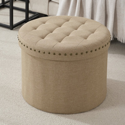 Large 20" Round Collapsible Storage Ottoman with Nailhead Trim for Living Room and Bedroom by Winston Porter