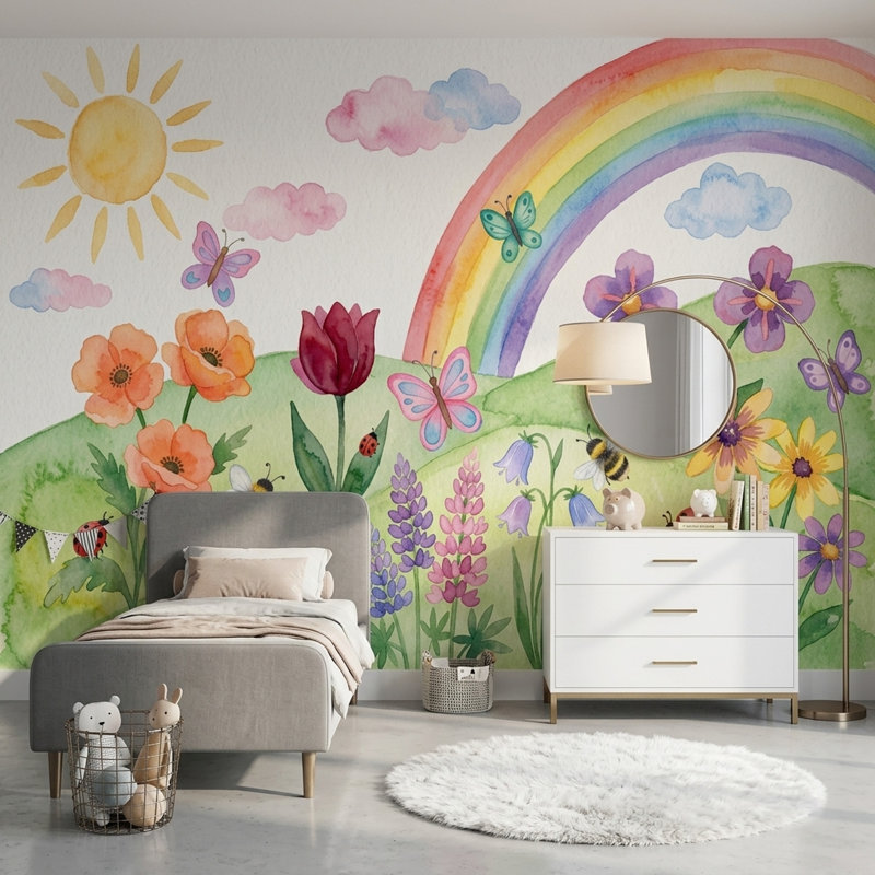 Spring Meadow papier peint aquarelle arc-en-ciel amovible, 160 po x 108 po, Peler et coller