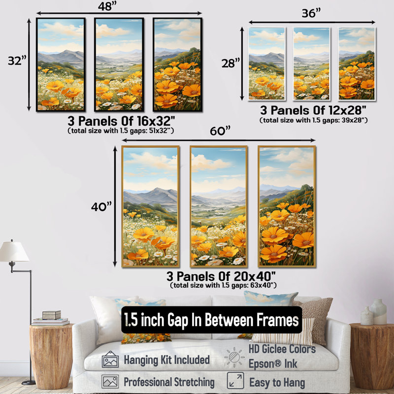 Jaune souci jaune dans un paysage de montagne I - ensemble d'art mural fleurs, Cadre flottant noir