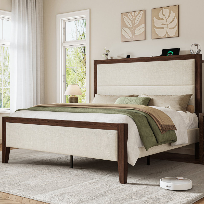 Lit plateforme en bois massif avec tête de lit tapissier, beige, King, Beige