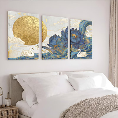 Ensemble de 3 tableaux sur toile tendue « Lune dorée et lotus bleu avec cygnes ».