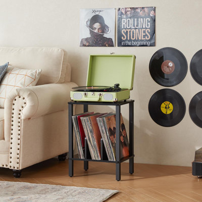 Support pour tourne-disque en vinyle à 2 niveaux, armoire de rangement pour tourne-disque en bois avec support pour 100 albums, tablette ouverte pour le salon, la chambre à coucher et le bureau