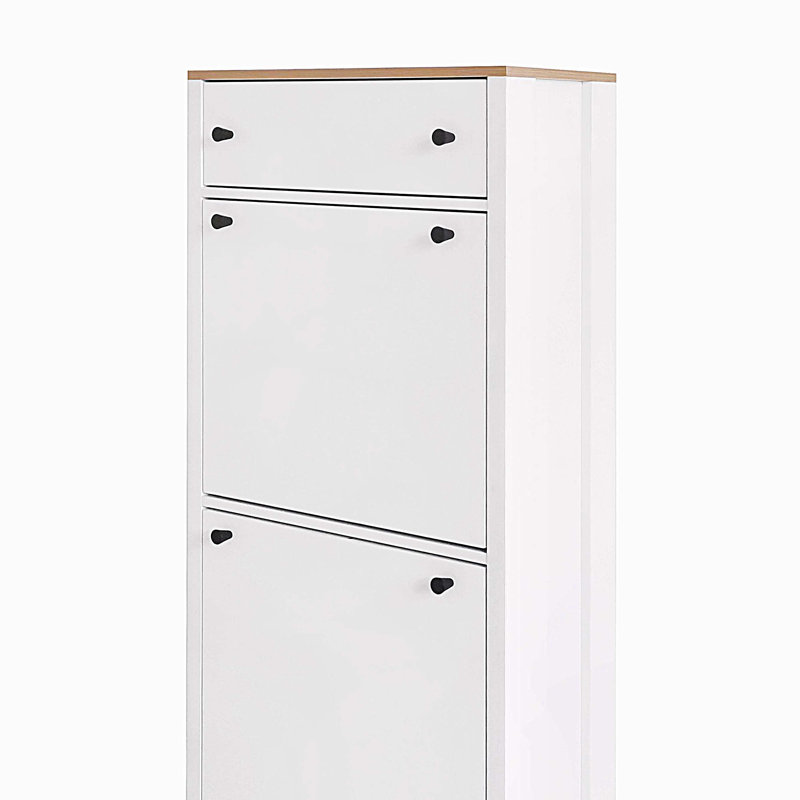 Rangement fonctionnel pour hall d'entrée avec 2 tiroirs rabattables, armoire à chaussures avec tiroir à motif grain de bois et étagère à chaussures avec panneau réglable